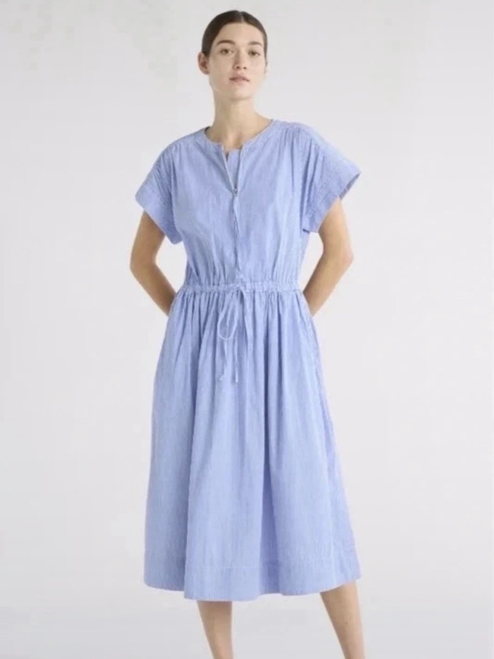 Striped Light Blue Drawstring Waist Cotton Midi Dress